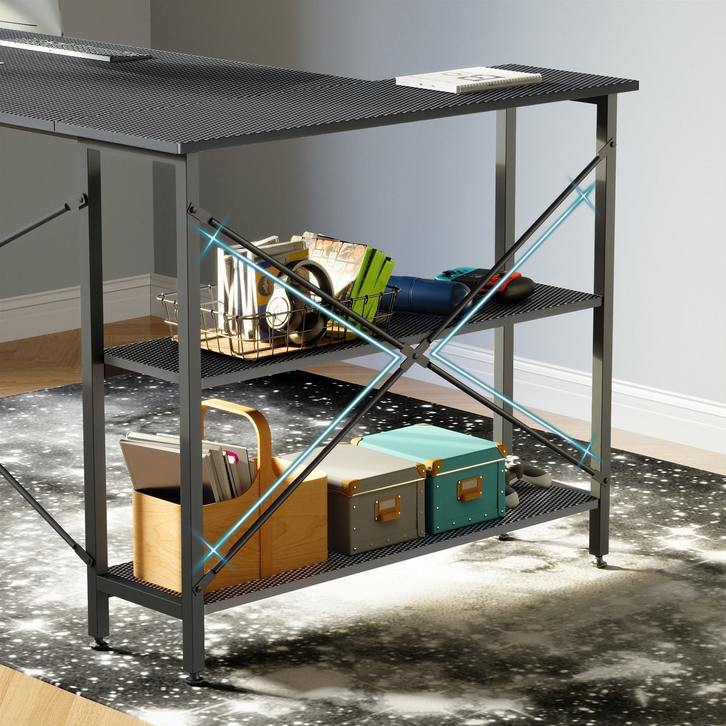 Scrivania a forma di L di piccole dimensioni con ripiani portaoggetti, scrivania da computer d'angolo