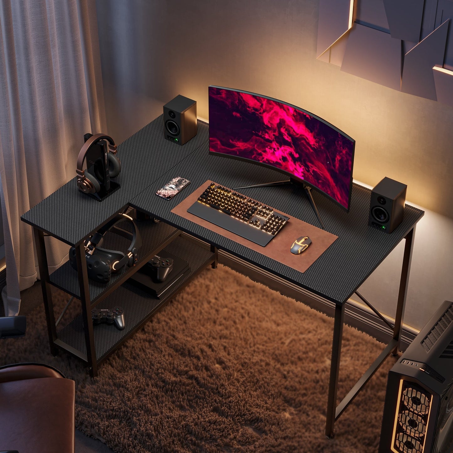 Scrivania a forma di L di piccole dimensioni con ripiani portaoggetti, scrivania da computer d'angolo