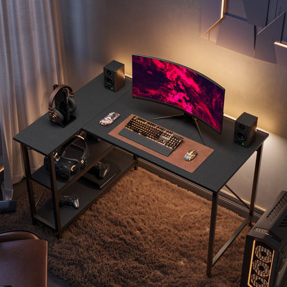 Scrivania a forma di L di piccole dimensioni con ripiani portaoggetti, scrivania da computer d'angolo