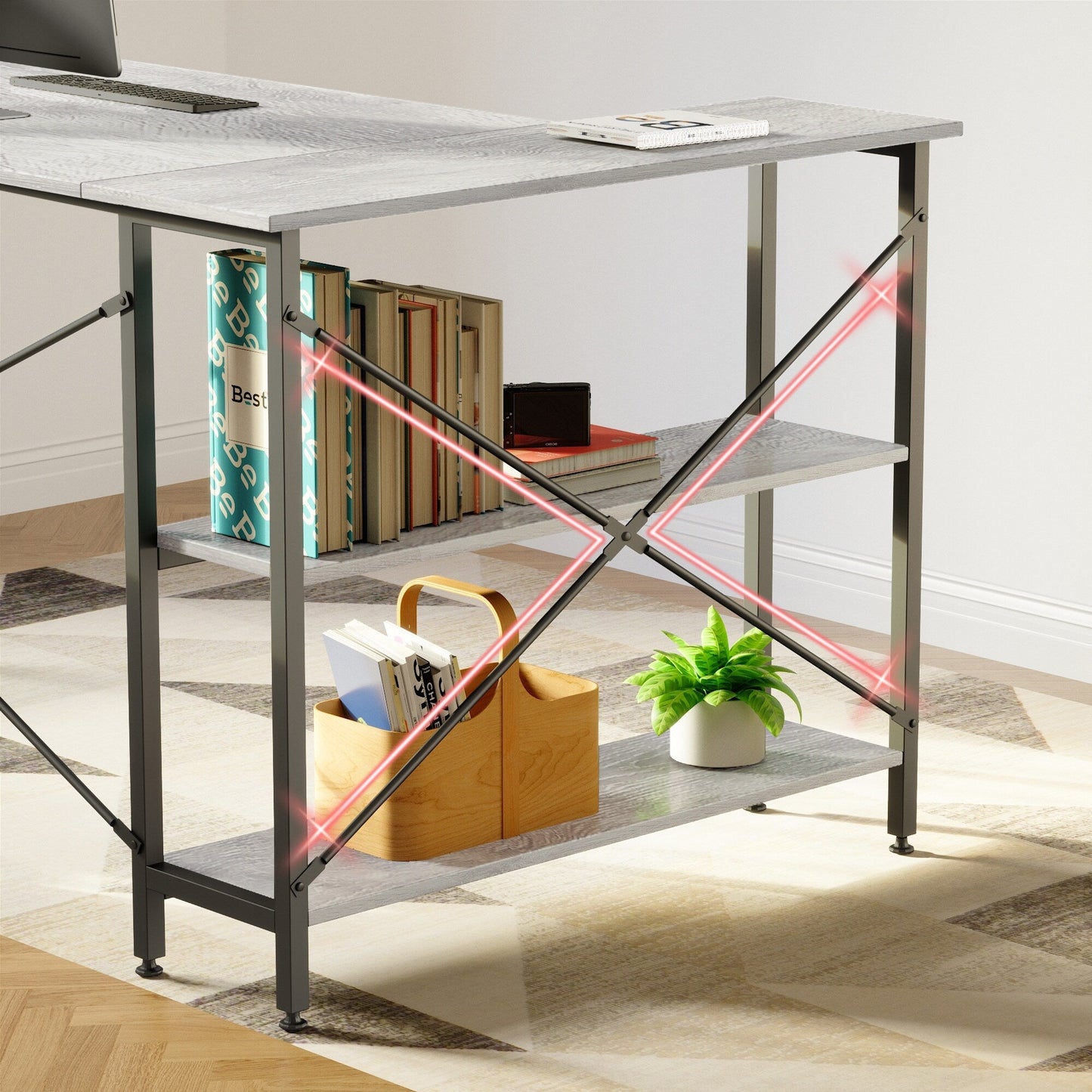 Scrivania a forma di L di piccole dimensioni con ripiani portaoggetti, scrivania da computer d'angolo