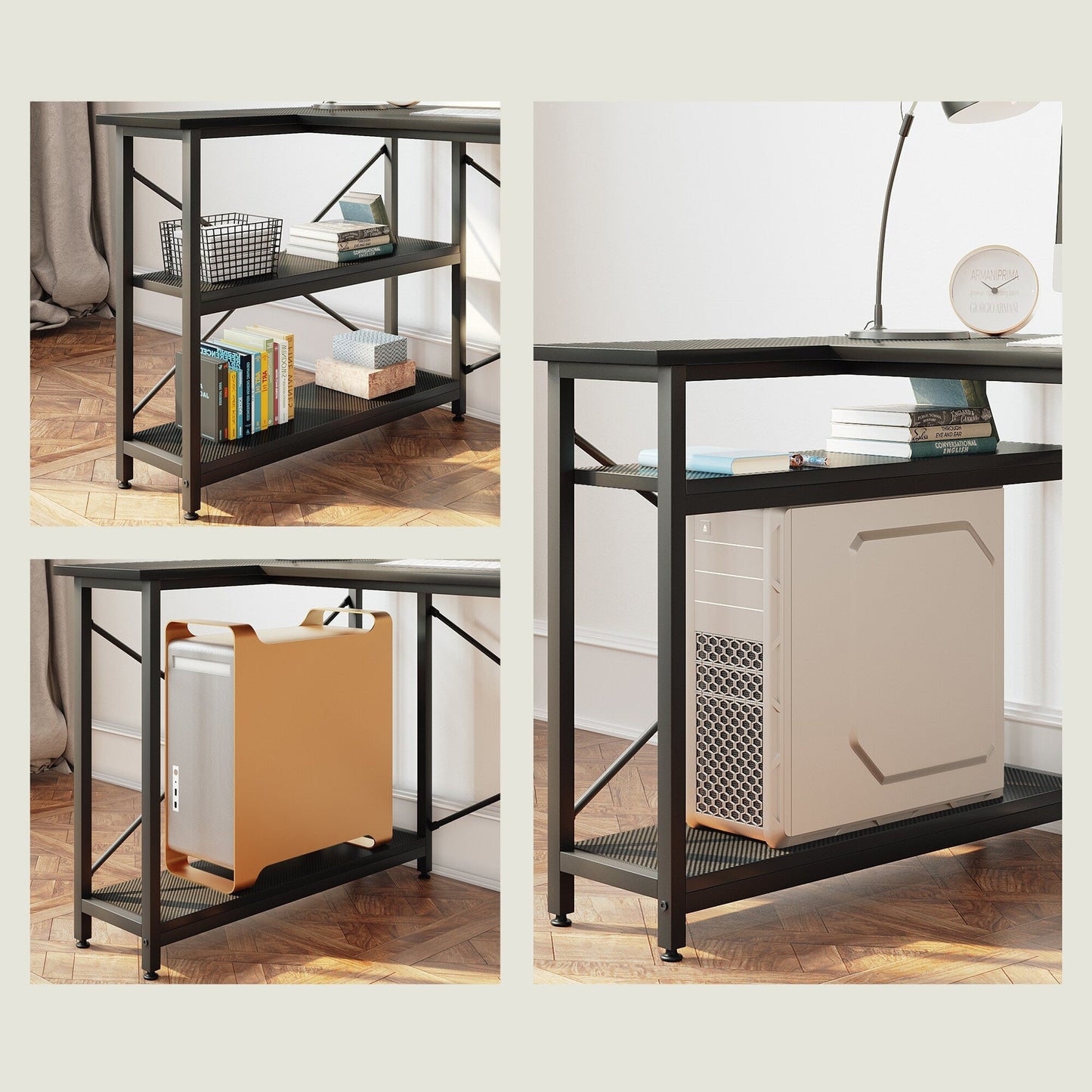 Scrivania a forma di L di piccole dimensioni con ripiani portaoggetti, scrivania da computer d'angolo