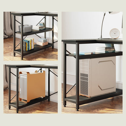 Scrivania a forma di L di piccole dimensioni con ripiani portaoggetti, scrivania da computer d'angolo