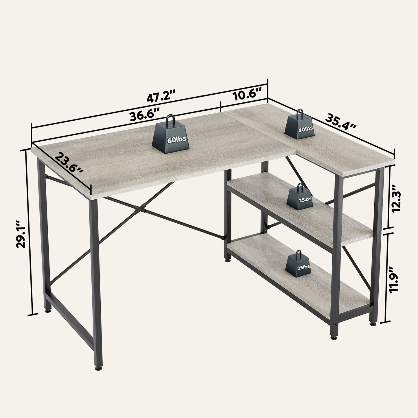 Scrivania a forma di L di piccole dimensioni con ripiani portaoggetti, scrivania da computer d'angolo
