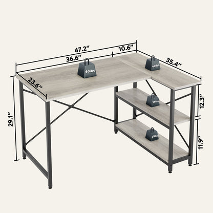 Scrivania a forma di L di piccole dimensioni con ripiani portaoggetti, scrivania da computer d'angolo