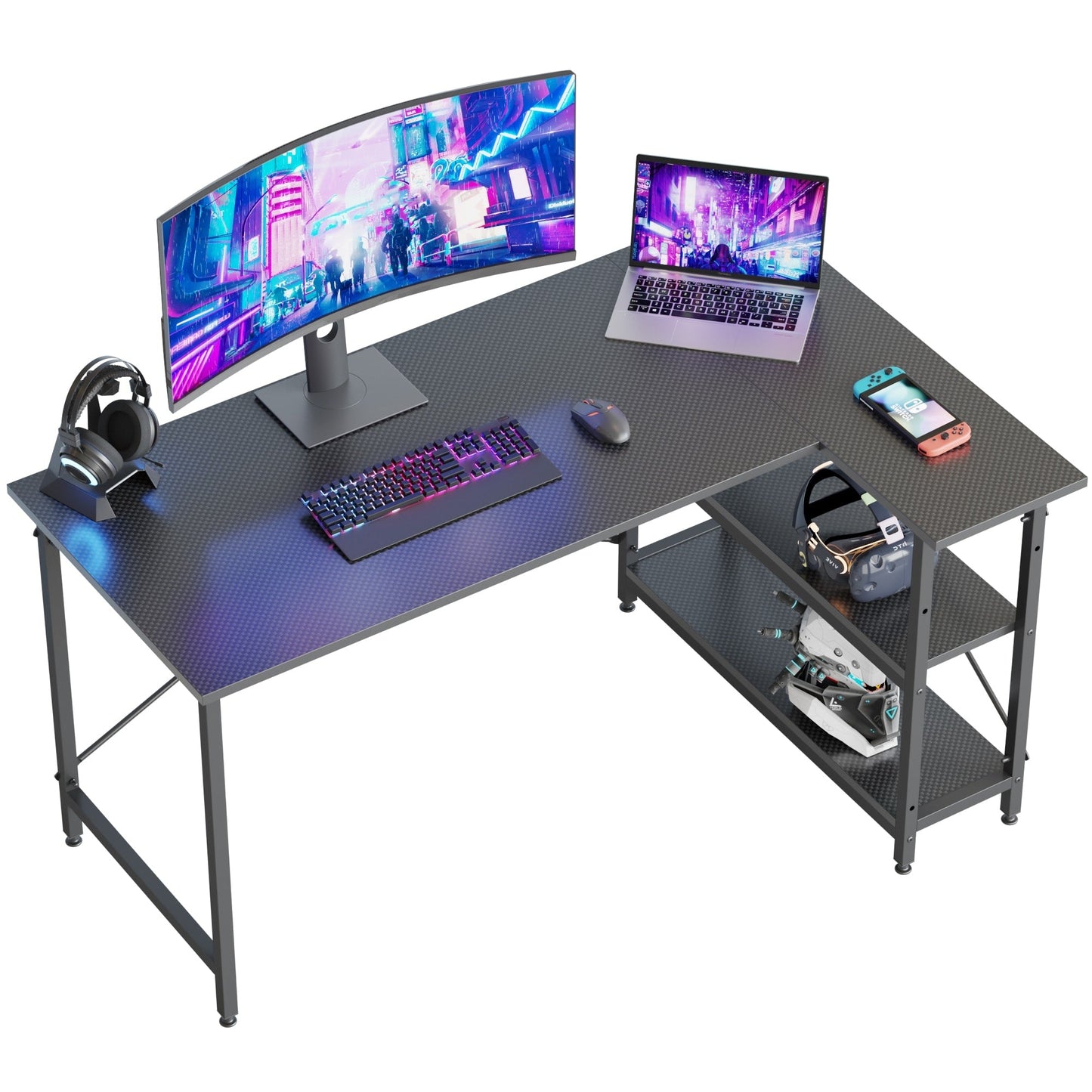 Scrivania a forma di L di piccole dimensioni con ripiani portaoggetti, scrivania da computer d'angolo