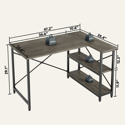 Scrivania a forma di L di piccole dimensioni con ripiani portaoggetti, scrivania da computer d'angolo
