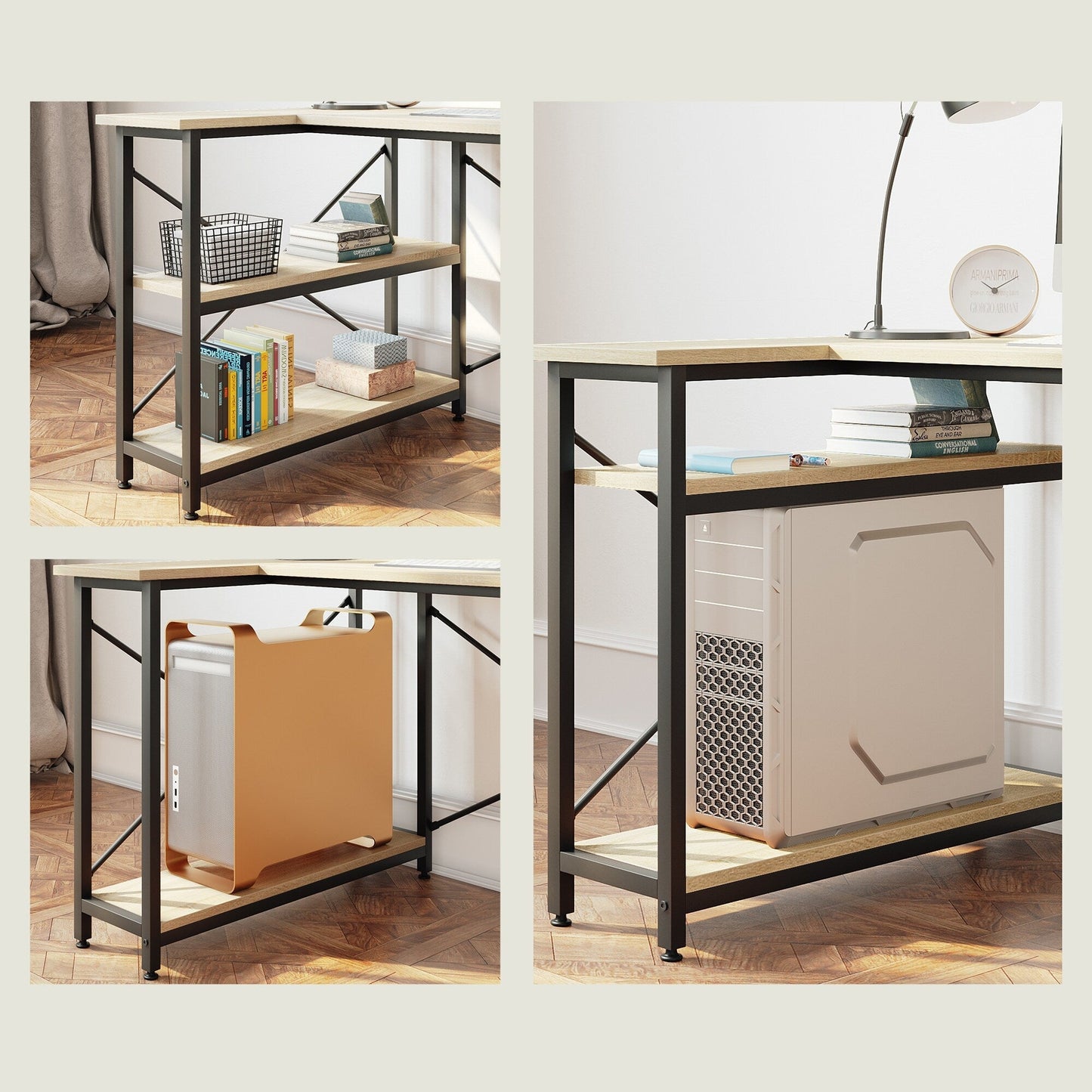 Scrivania a forma di L di piccole dimensioni con ripiani portaoggetti, scrivania da computer d'angolo