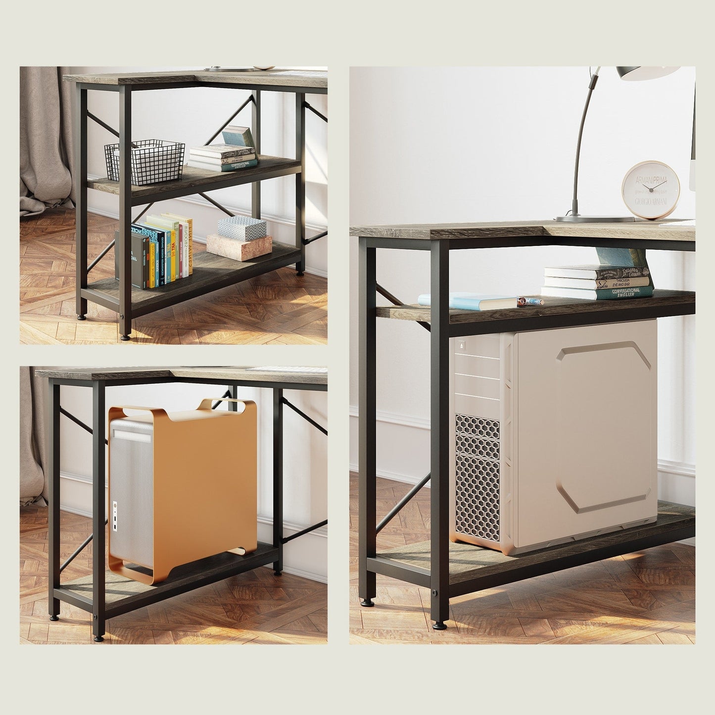 Scrivania a forma di L di piccole dimensioni con ripiani portaoggetti, scrivania da computer d'angolo