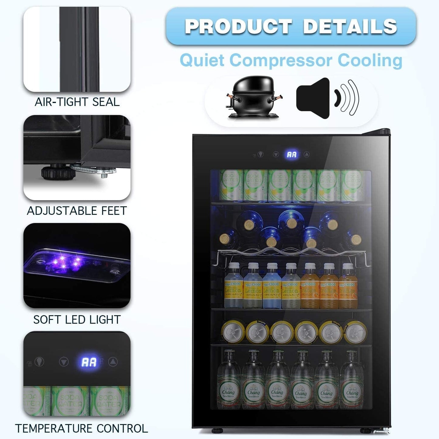 Frigo per vini da 4,4 piedi cubi con luci a LED e pulsanti touch, ripiani rimovibili, rumore inferiore a 38 dB.