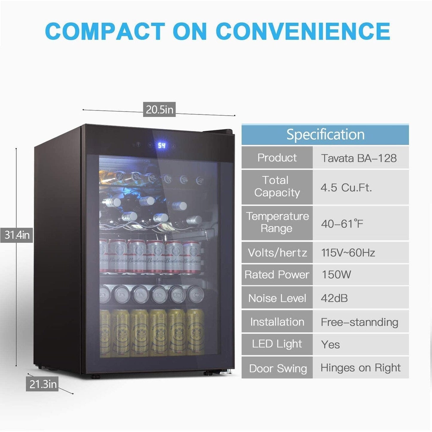 Frigo per vini da 4,4 piedi cubi con luci a LED e pulsanti touch, ripiani rimovibili, rumore inferiore a 38 dB.