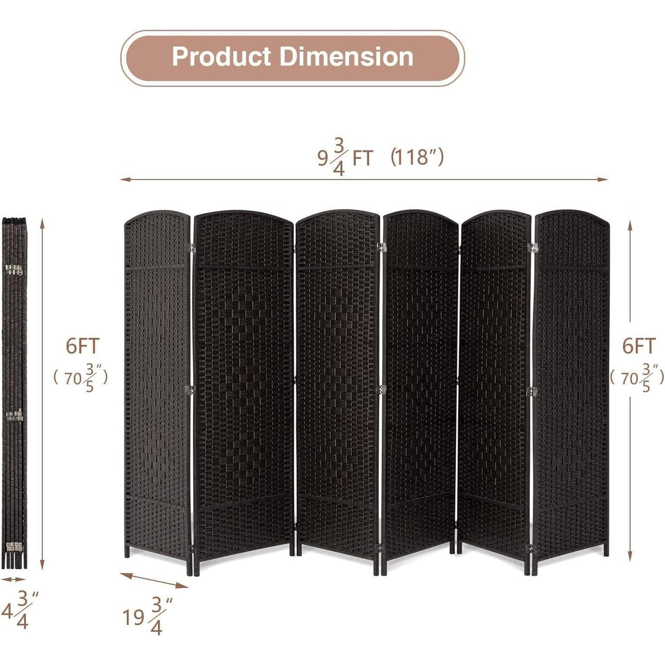 Paravento divisorio per ambienti, alto 180 cm, in fibra intrecciata, a pannelli pieghevoli, autoportante.
