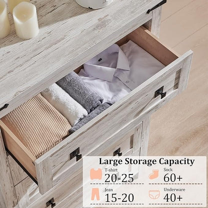 Comò in legno alto 48 pollici, stile farmhouse, con 5 cassetti, per la camera da letto.