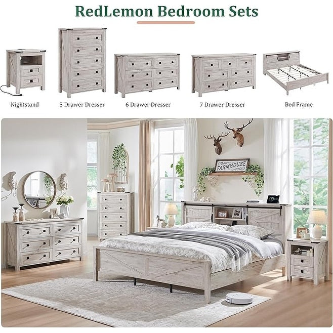 Comò in legno alto 48 pollici, stile farmhouse, con 5 cassetti, per la camera da letto.