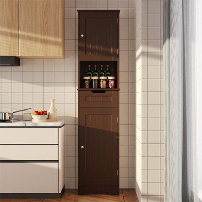 Armadio a muro per bagno, modello Linen, alto 67 pollici, stretto, con 5 ripiani, in legno massello, a posizionamento libero.