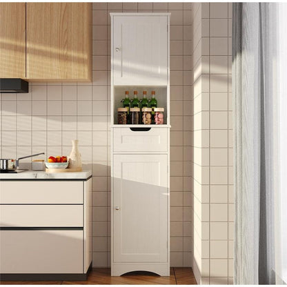 Armadio a muro per bagno, modello Linen, alto 67 pollici, stretto, con 5 ripiani, in legno massello, a posizionamento libero.