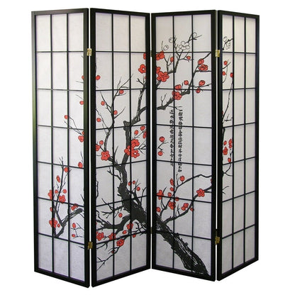 Paravento divisorio per ambienti giapponese a 4 pannelli di Roundhill Furniture, Plum Blossom