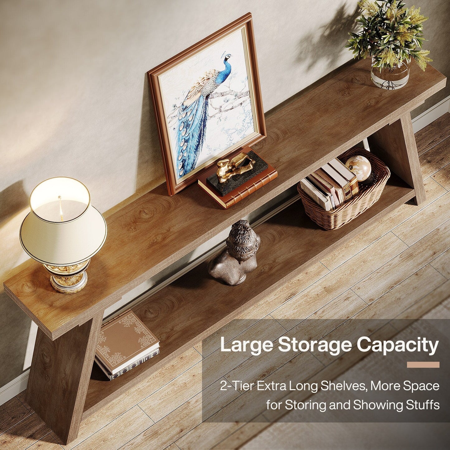 Tavolo da divano in legno rustico lungo 70,9 pollici con ripiano portaoggetti