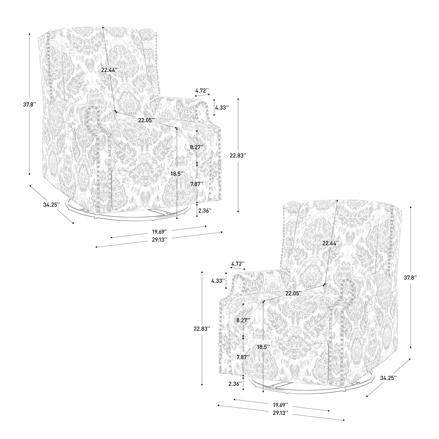 Set di 2 poltrone reclinabili con meccanismo manuale, girevoli e oscillanti, con motivo a 29'' di larghezza.