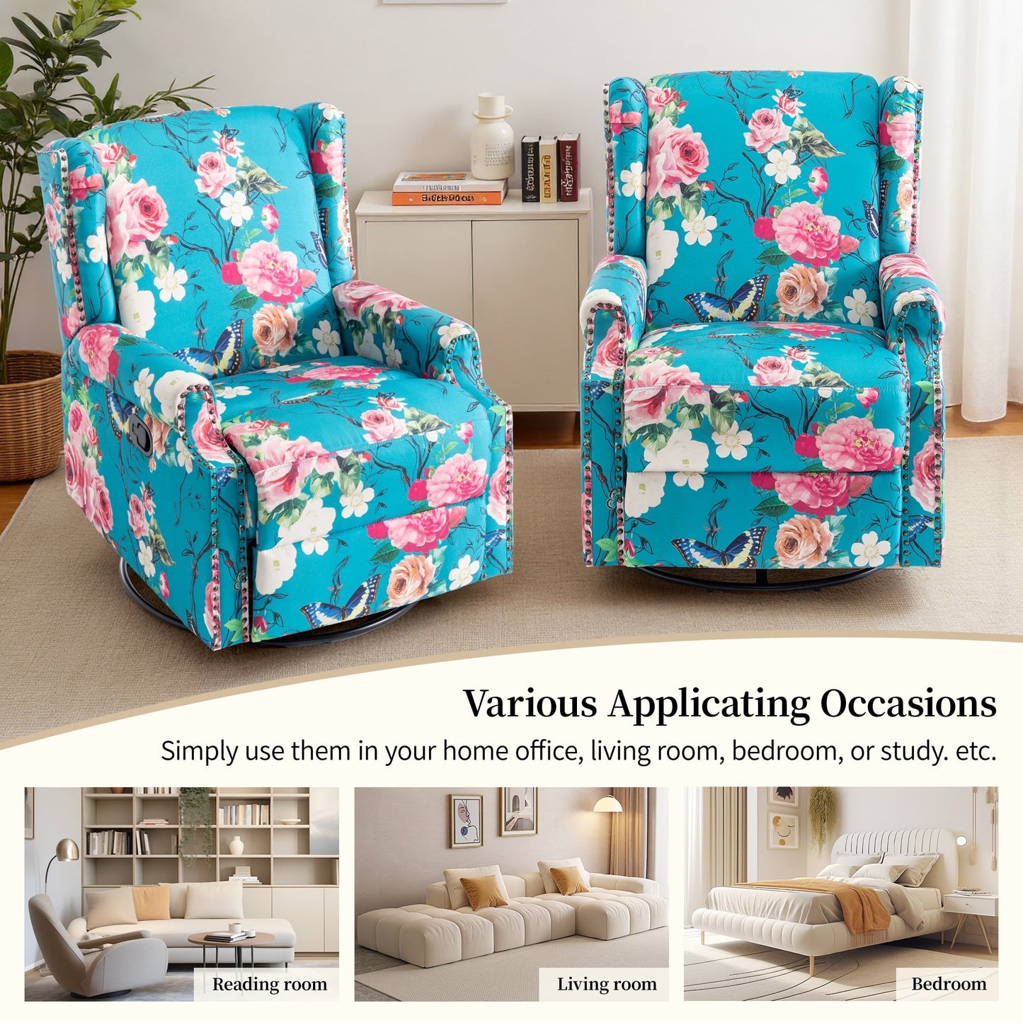 Set di 2 poltrone reclinabili con meccanismo manuale, girevoli e oscillanti, con motivo a 29'' di larghezza.