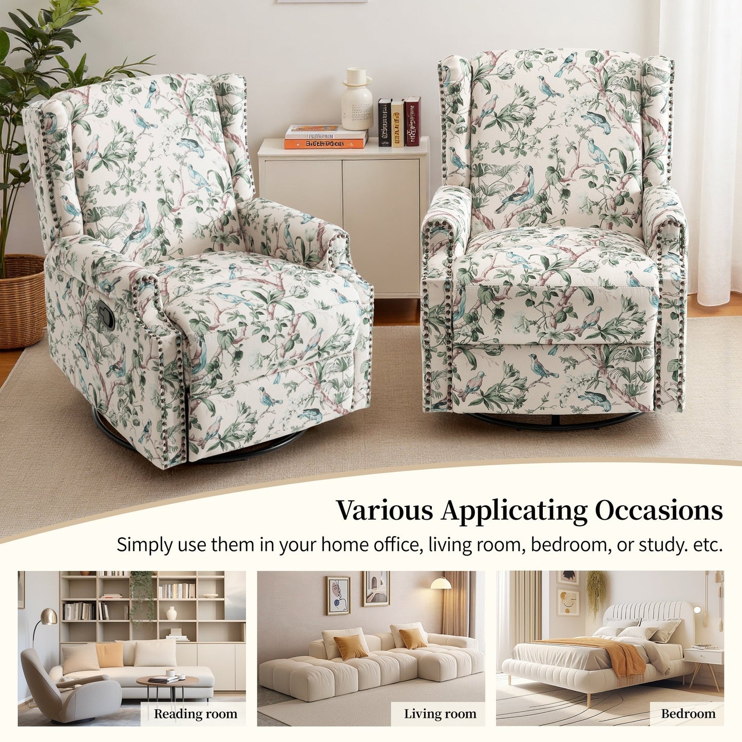 Set di 2 poltrone reclinabili con meccanismo manuale, girevoli e oscillanti, con motivo a 29'' di larghezza.