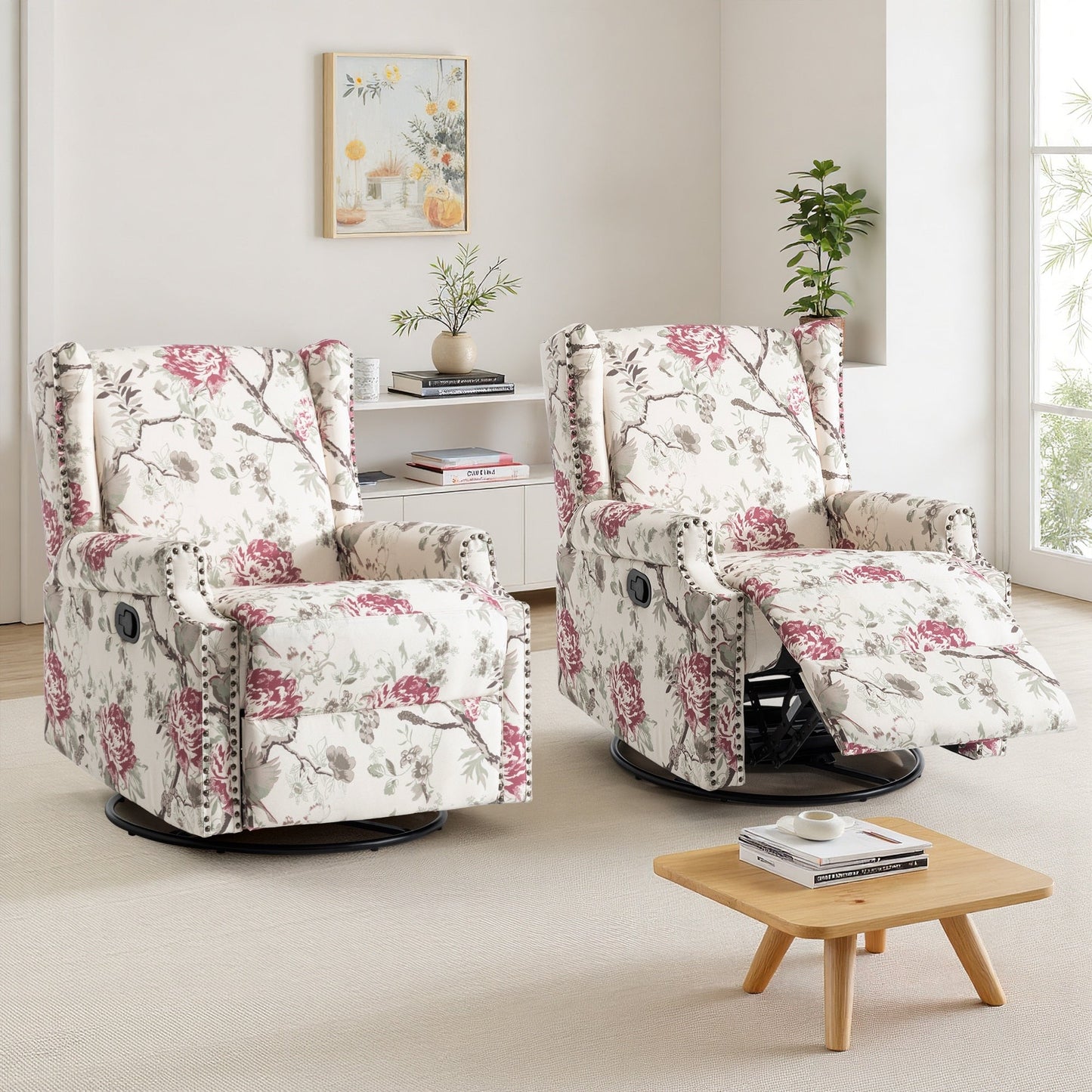 Set di 2 poltrone reclinabili con meccanismo manuale, girevoli e oscillanti, con motivo a 29'' di larghezza.