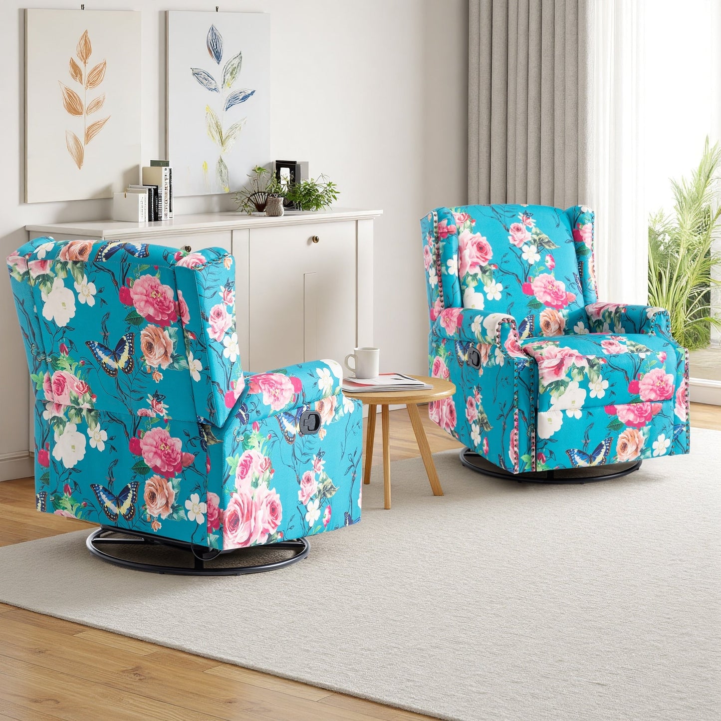 Set di 2 poltrone reclinabili con meccanismo manuale, girevoli e oscillanti, con motivo a 29'' di larghezza.