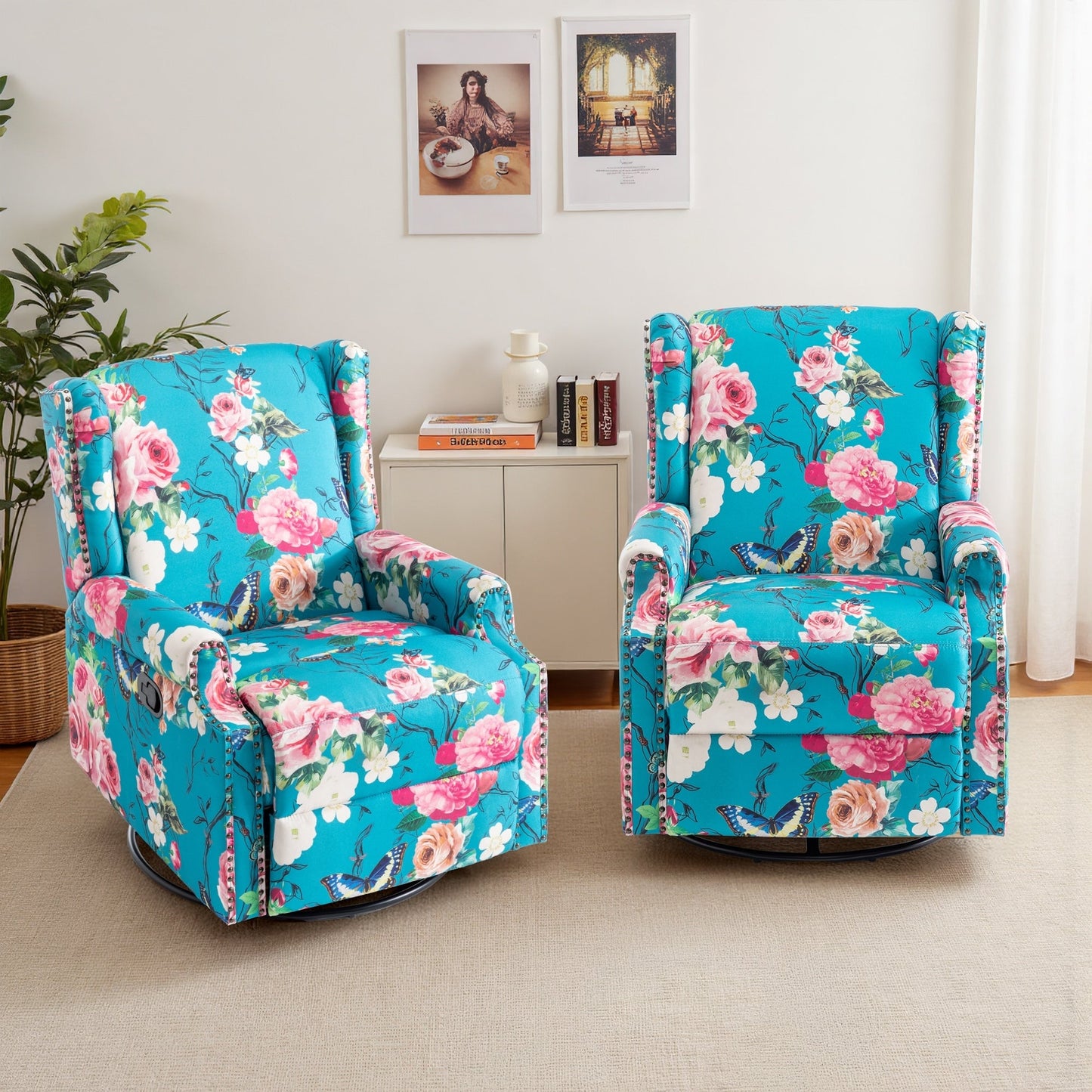 Set di 2 poltrone reclinabili con meccanismo manuale, girevoli e oscillanti, con motivo a 29'' di larghezza.