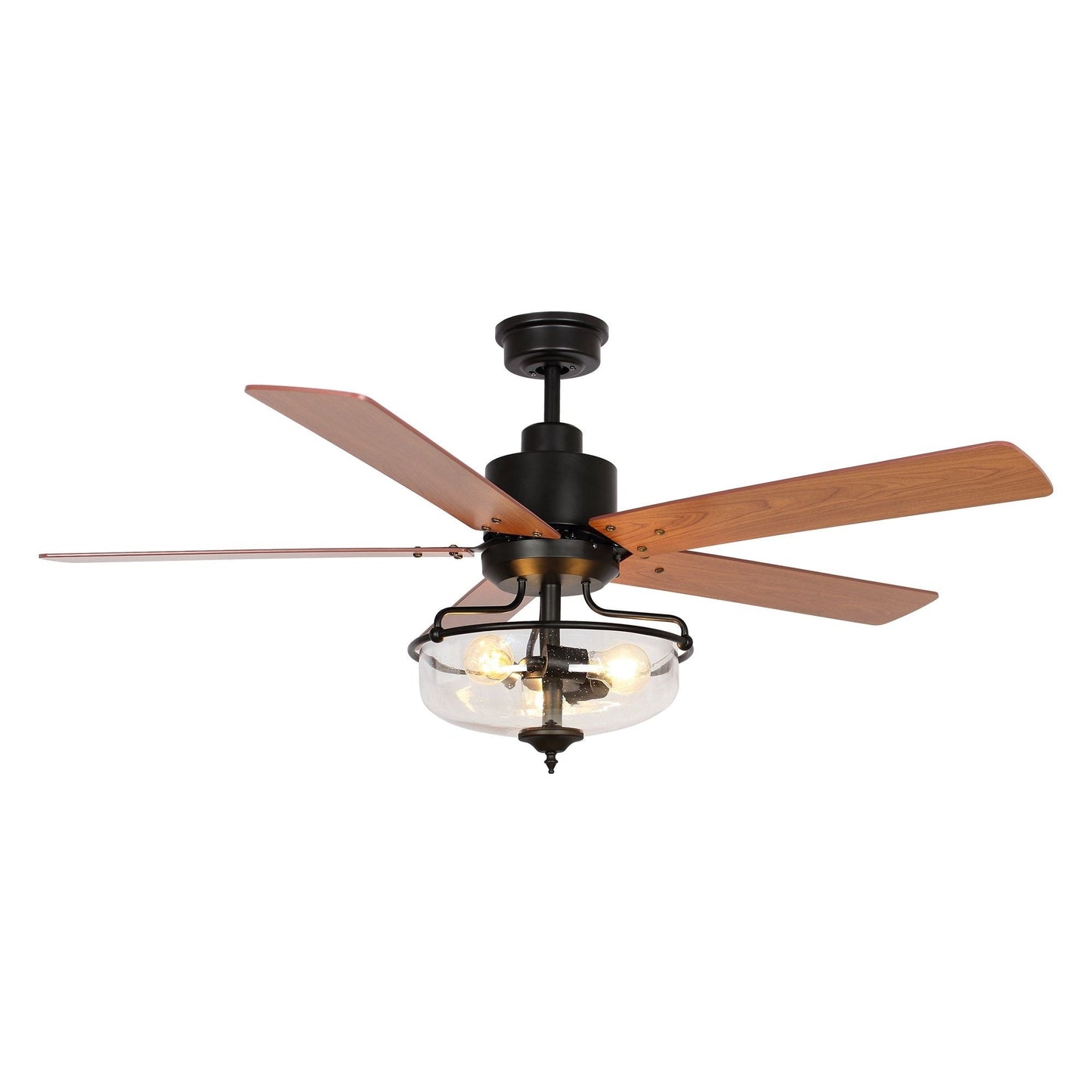 Ventilatore da soffitto con telecomando, diametro 52 pollici, 5 pale in legno reversibili e 3 luci.