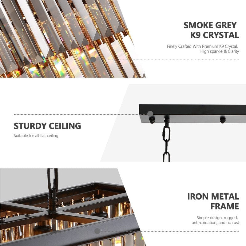 Lampadario a cristallo moderno e contemporaneo a 2 livelli, 47 pollici, grigio fumè e nero, per cucina, isola, sala da pranzo.