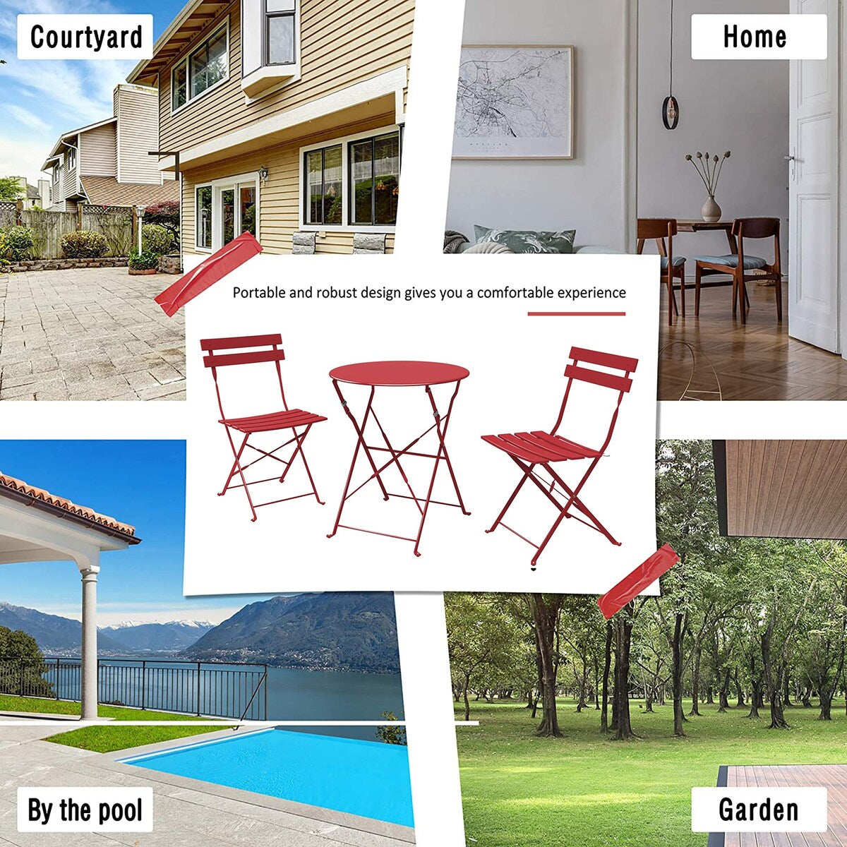 Set da bistrot pieghevole in metallo da 3 pezzi, set da conversazione per esterni/interni resistente alle intemperie, ideale per patio, cortile, giardino.