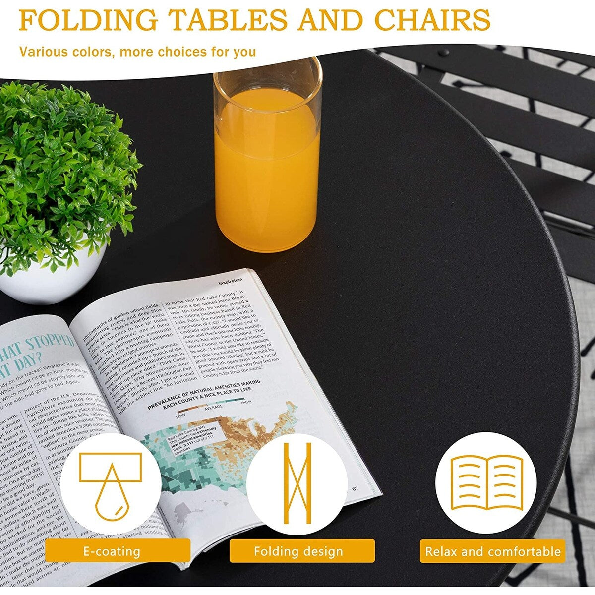 Set da bistrot pieghevole in metallo da 3 pezzi, set da conversazione per esterni/interni resistente alle intemperie, ideale per patio, cortile, giardino.