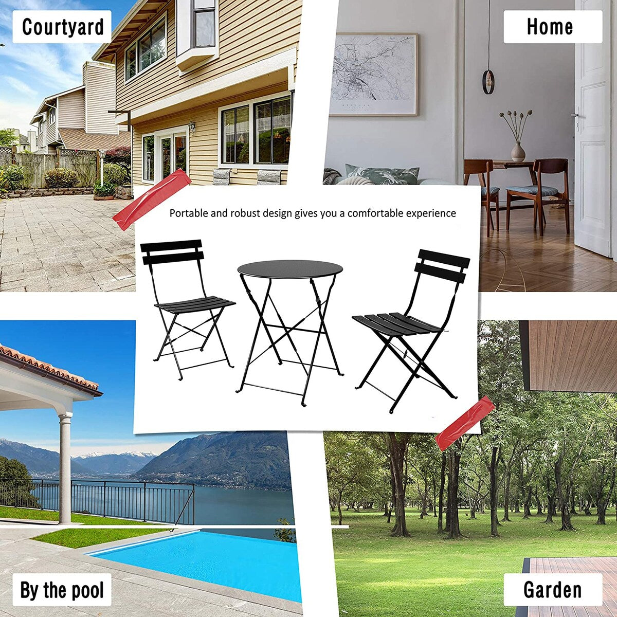 Set da bistrot pieghevole in metallo da 3 pezzi, set da conversazione per esterni/interni resistente alle intemperie, ideale per patio, cortile, giardino.