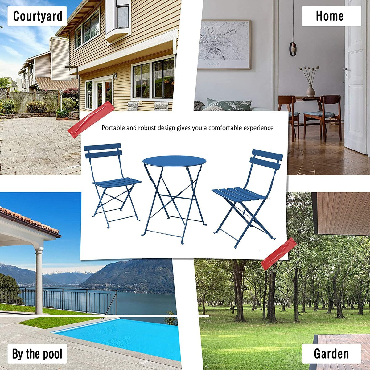 Set da bistrot pieghevole in metallo da 3 pezzi, set da conversazione per esterni/interni resistente alle intemperie, ideale per patio, cortile, giardino.