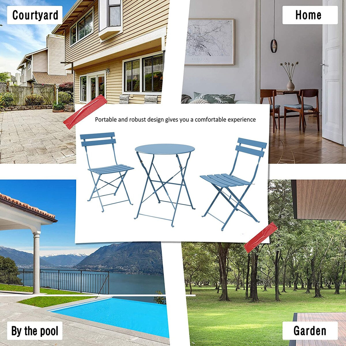 Set da bistrot pieghevole in metallo da 3 pezzi, set da conversazione per esterni/interni resistente alle intemperie, ideale per patio, cortile, giardino.