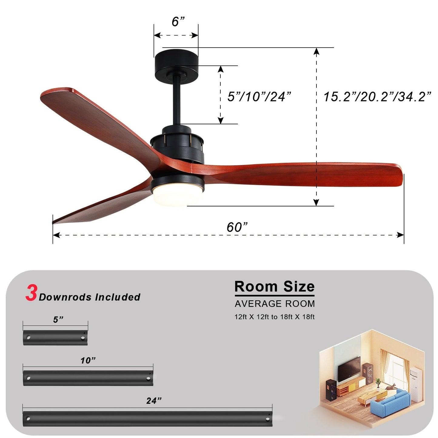 Ventilatore da soffitto in legno di noce da 52/60/48 pollici silenzioso con telecomando, luce integrata opzionale.