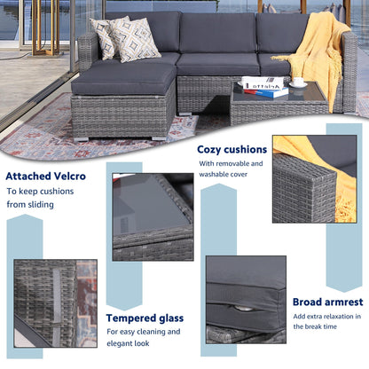 Set di divani componibili da esterno in vimini, 5 pezzi, con cuscini.