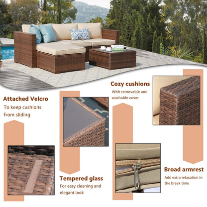 Set di divani componibili da esterno in vimini, 5 pezzi, con cuscini.