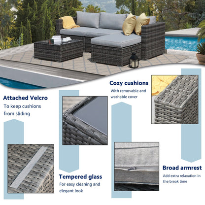 Set di divani componibili da esterno in vimini, 5 pezzi, con cuscini.