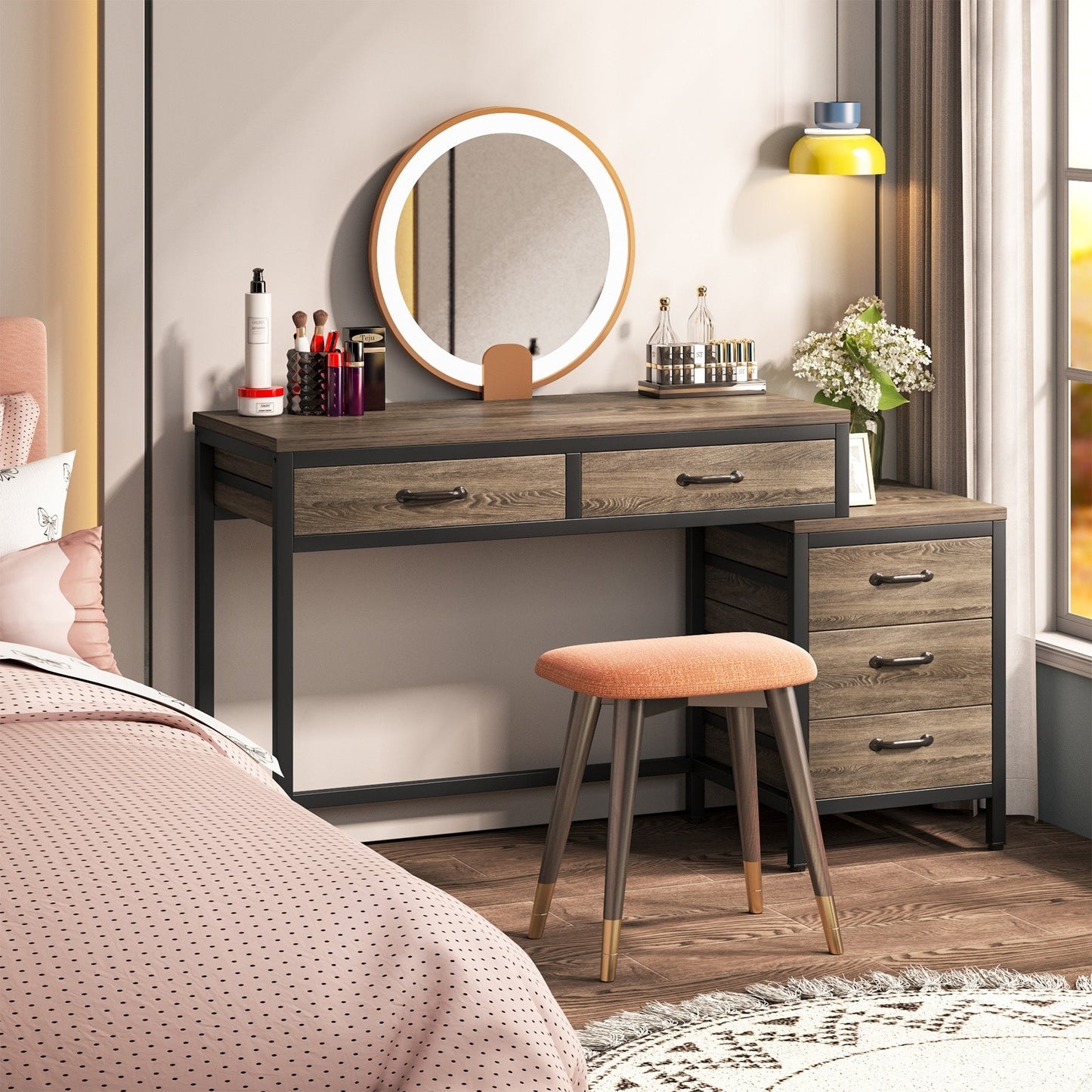 Scrivania per computer reversibile con 5 cassetti, scrivania da ufficio domestico con cassettiera e supporto per stampante