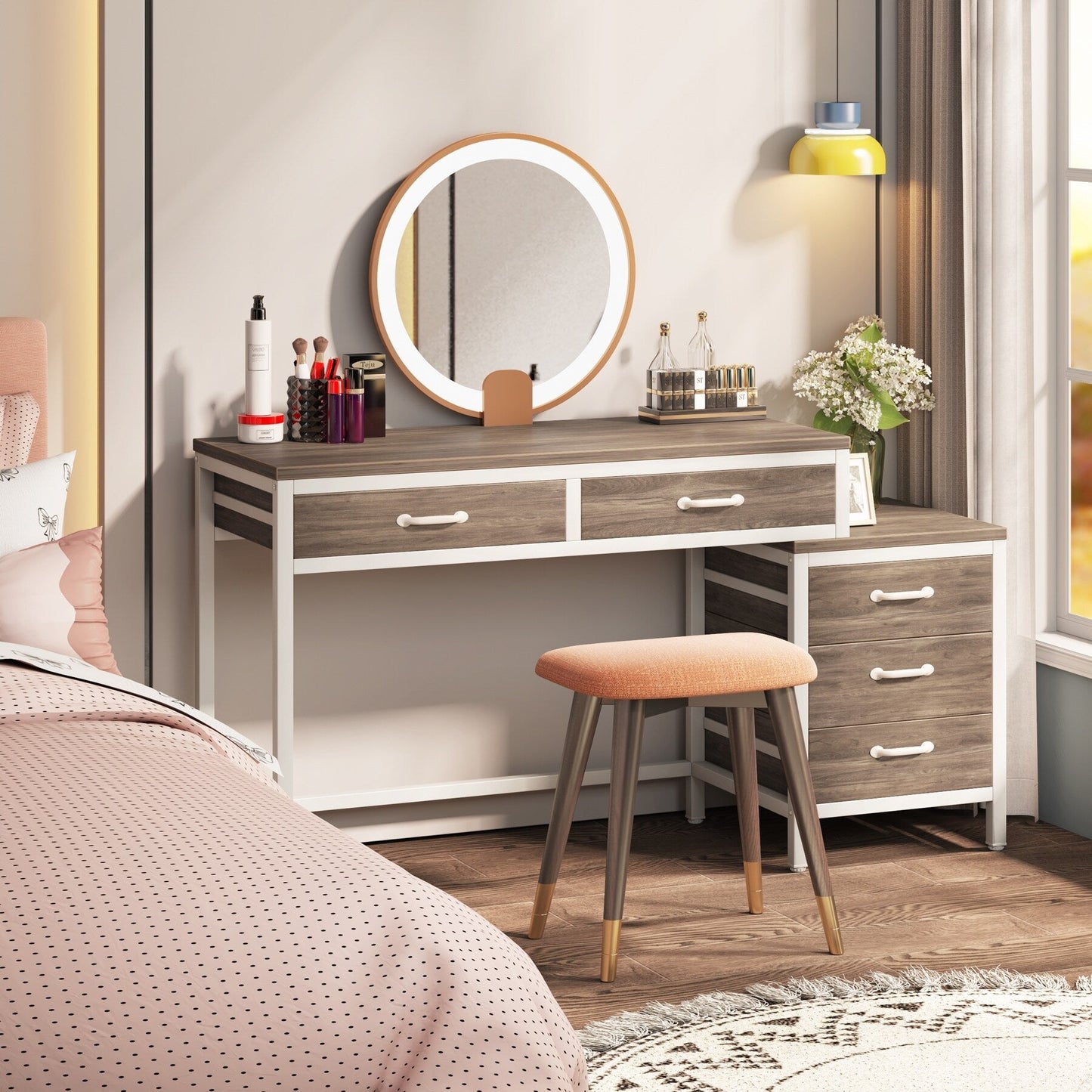 Scrivania per computer reversibile con 5 cassetti, scrivania da ufficio domestico con cassettiera e supporto per stampante