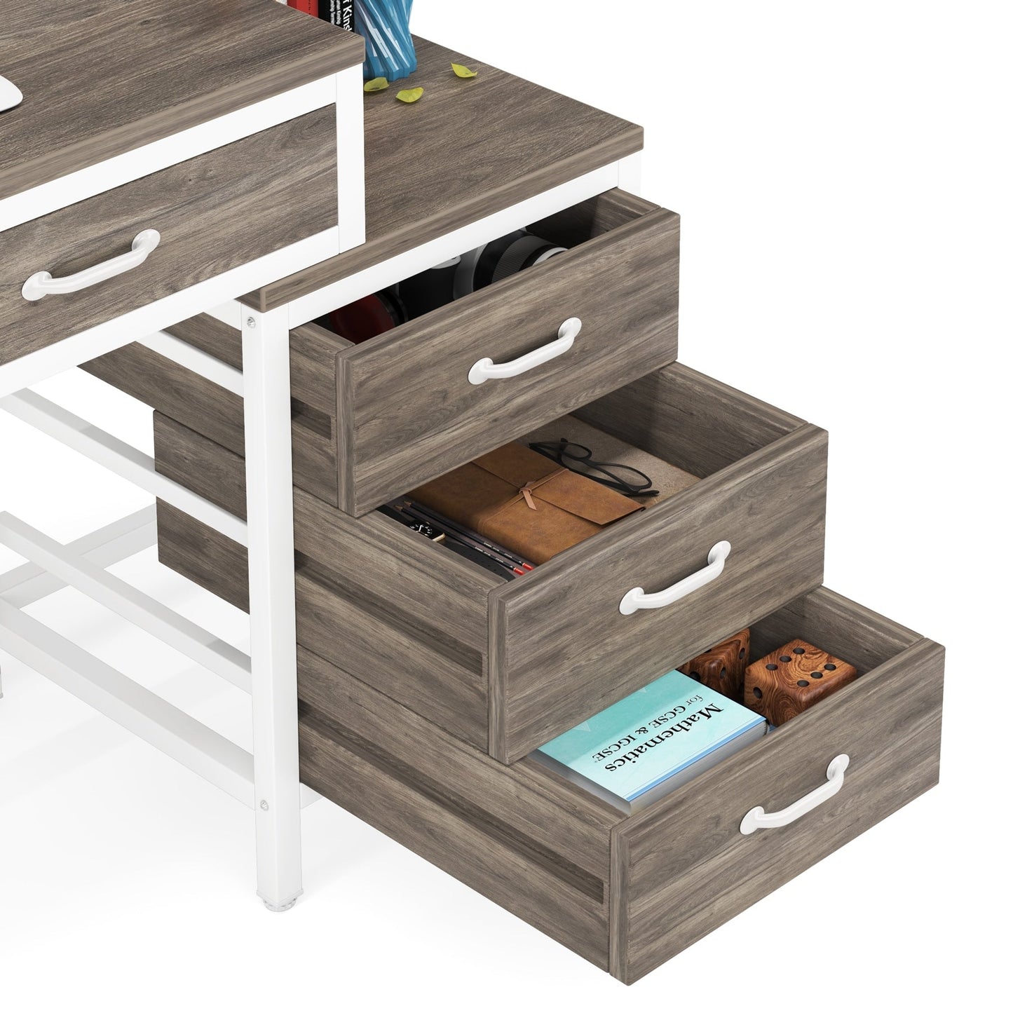 Scrivania per computer reversibile con 5 cassetti, scrivania da ufficio domestico con cassettiera e supporto per stampante