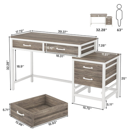 Scrivania per computer reversibile con 5 cassetti, scrivania da ufficio domestico con cassettiera e supporto per stampante