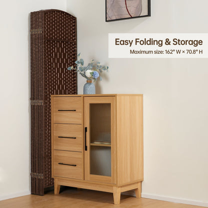 Paravento divisorio per ambienti, alto 180 cm, in fibra intrecciata, a pannelli pieghevoli, autoportante.