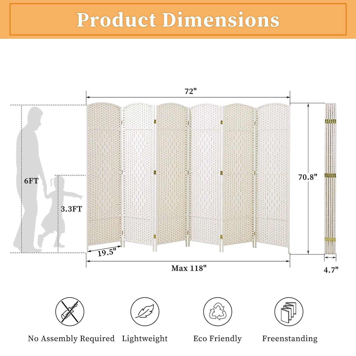 Paravento divisorio per ambienti, alto 180 cm, in fibra intrecciata, a pannelli pieghevoli, autoportante.