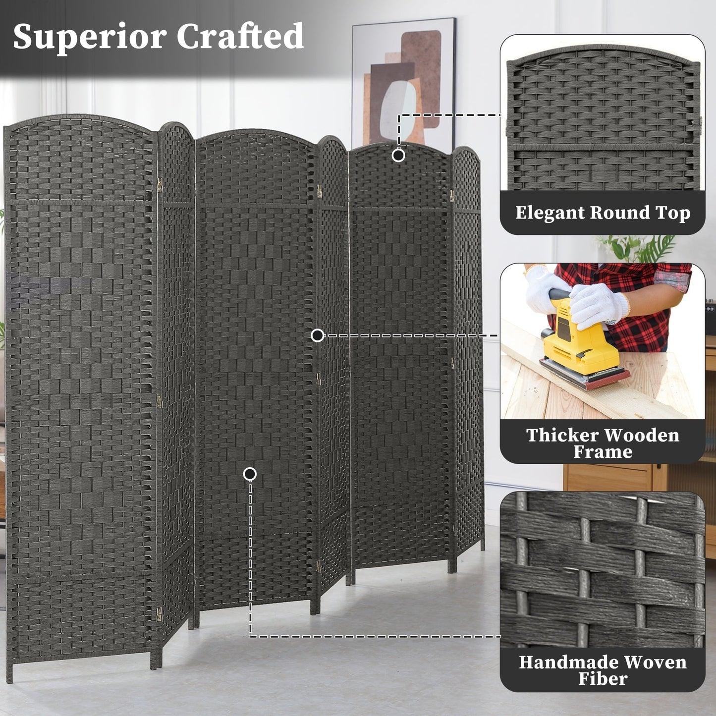 Paravento divisorio per ambienti, alto 180 cm, in fibra intrecciata, a pannelli pieghevoli, autoportante.