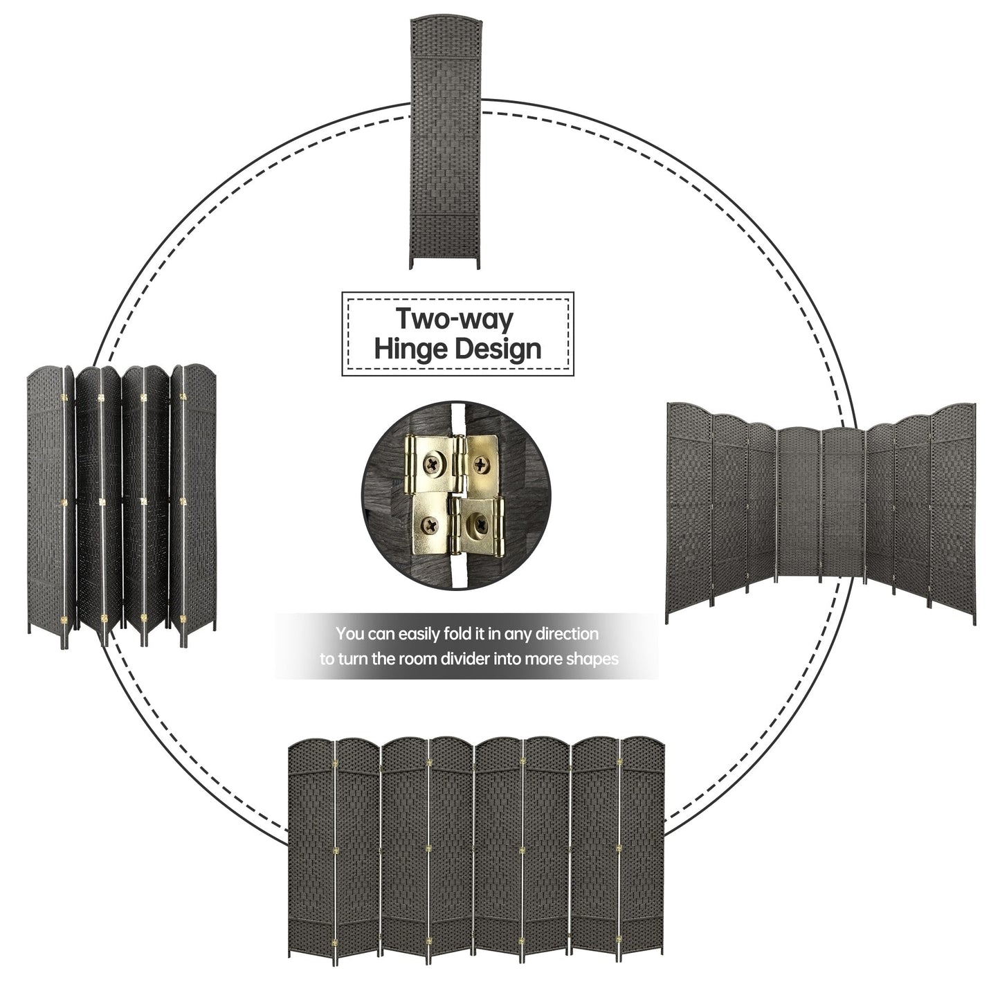 Paravento divisorio per ambienti, alto 180 cm, in fibra intrecciata, a pannelli pieghevoli, autoportante.