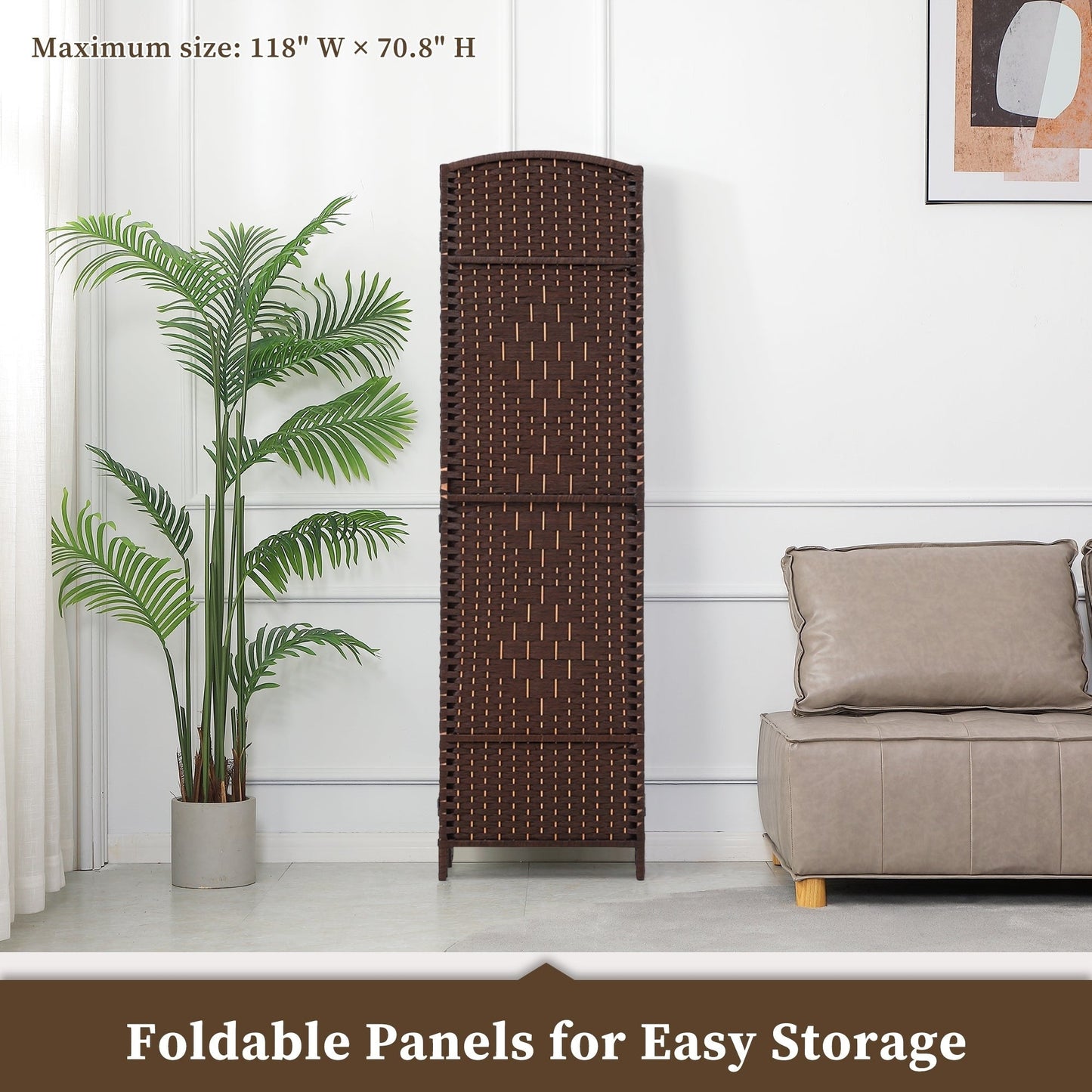 Paravento divisorio per ambienti, alto 180 cm, in fibra intrecciata, a pannelli pieghevoli, autoportante.