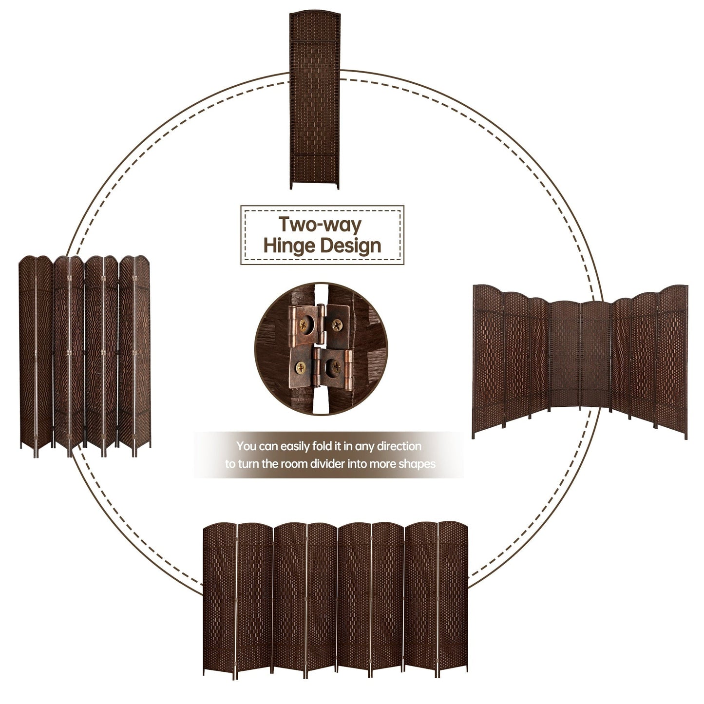 Paravento divisorio per ambienti, alto 180 cm, in fibra intrecciata, a pannelli pieghevoli, autoportante.