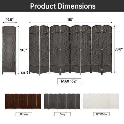 Paravento divisorio per ambienti, alto 180 cm, in fibra intrecciata, a pannelli pieghevoli, autoportante.