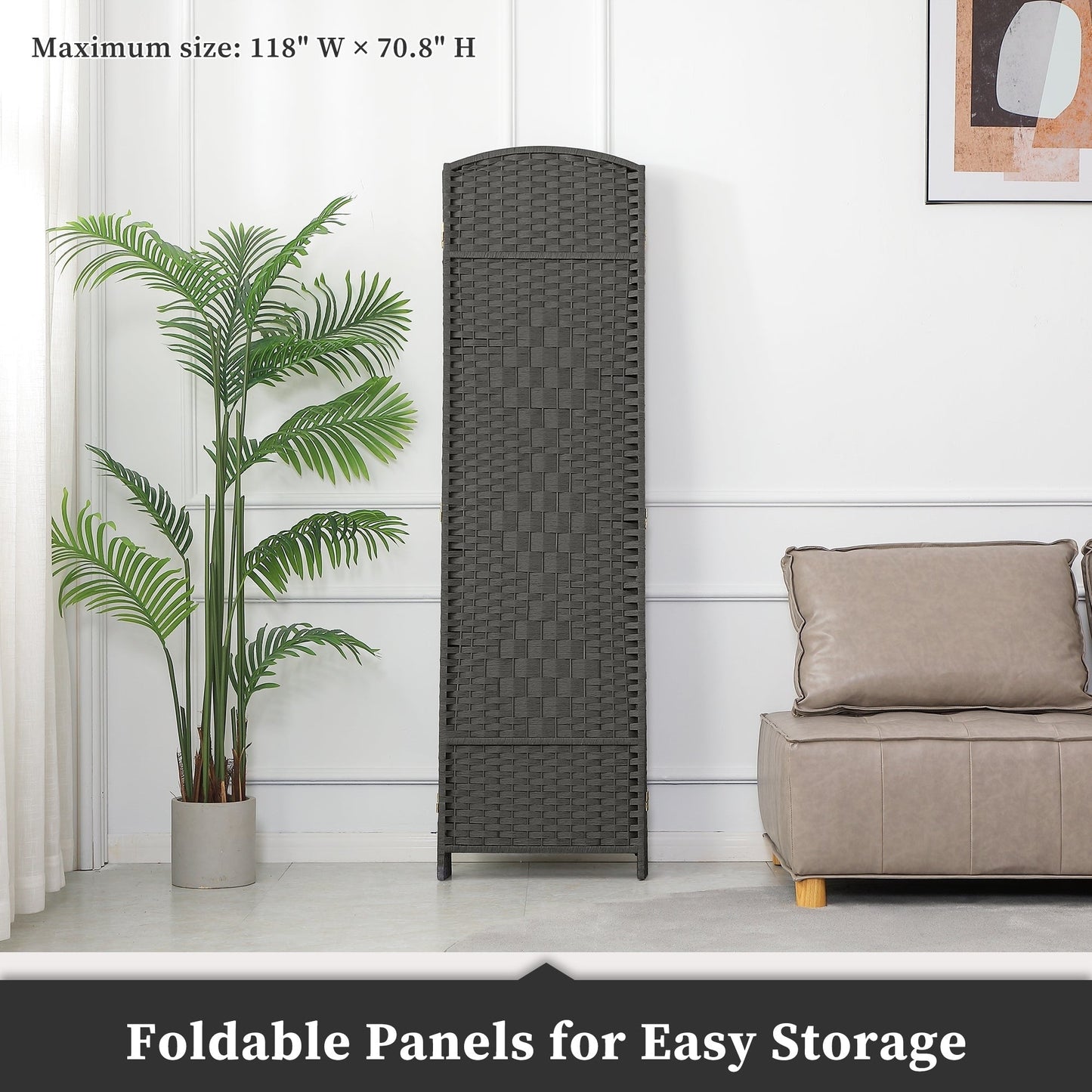 Paravento divisorio per ambienti, alto 180 cm, in fibra intrecciata, a pannelli pieghevoli, autoportante.